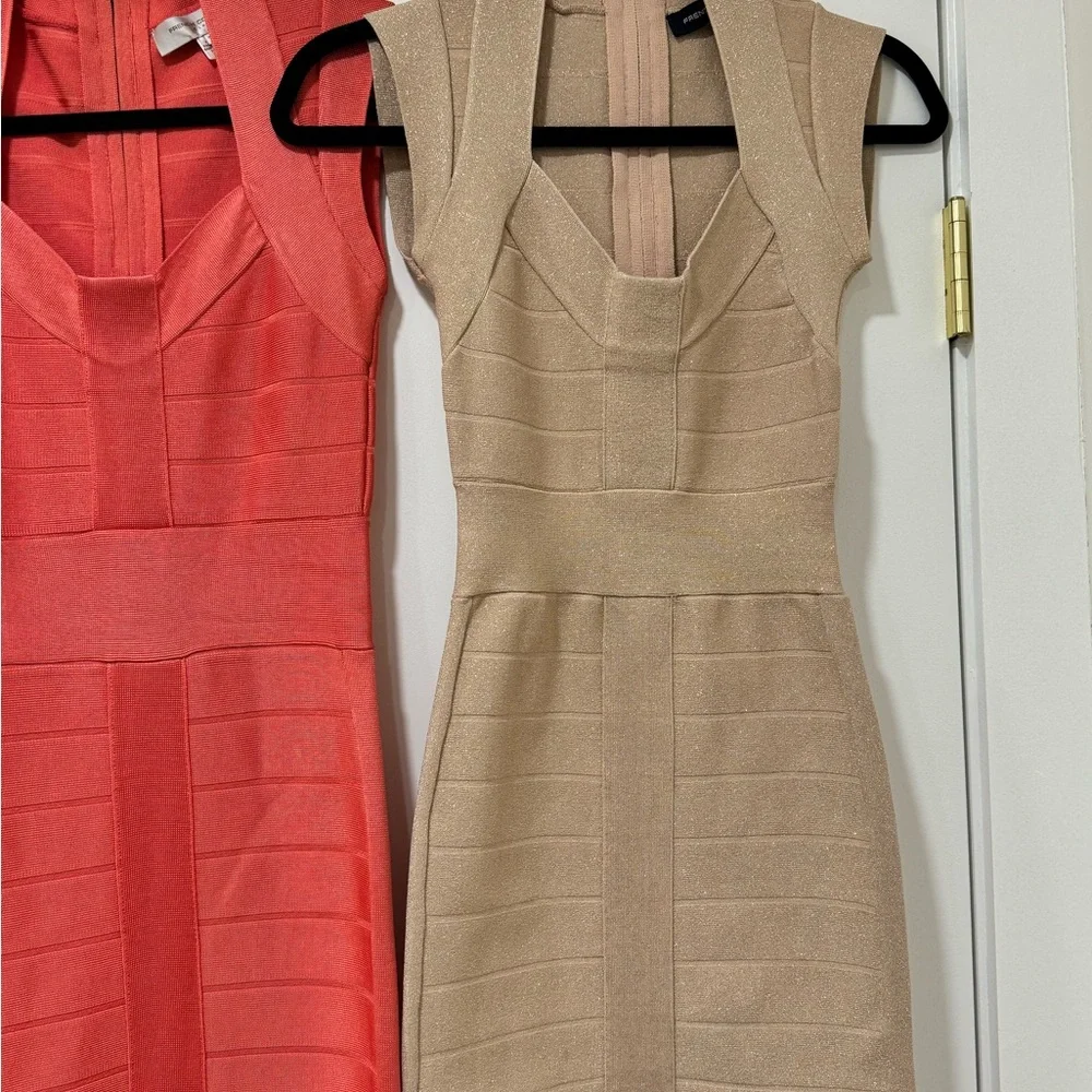 French Connection Pink and Tan Mini Bodycon Dress V-Neck Cocktail - Picture 3 of 5
